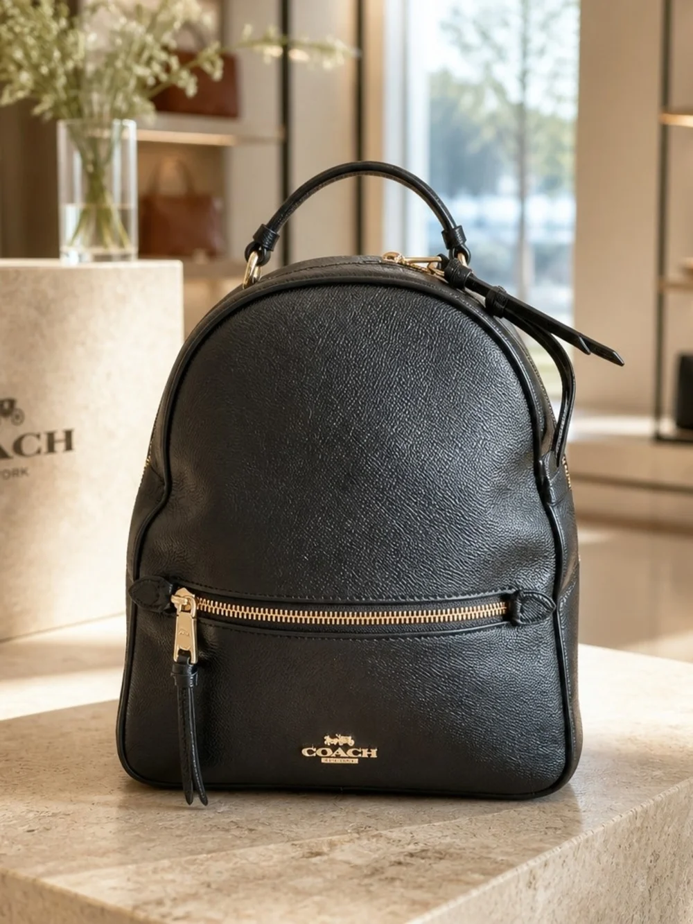 Coach Black Staffiano Leather Mini Backpack with Gold Hardware Accents